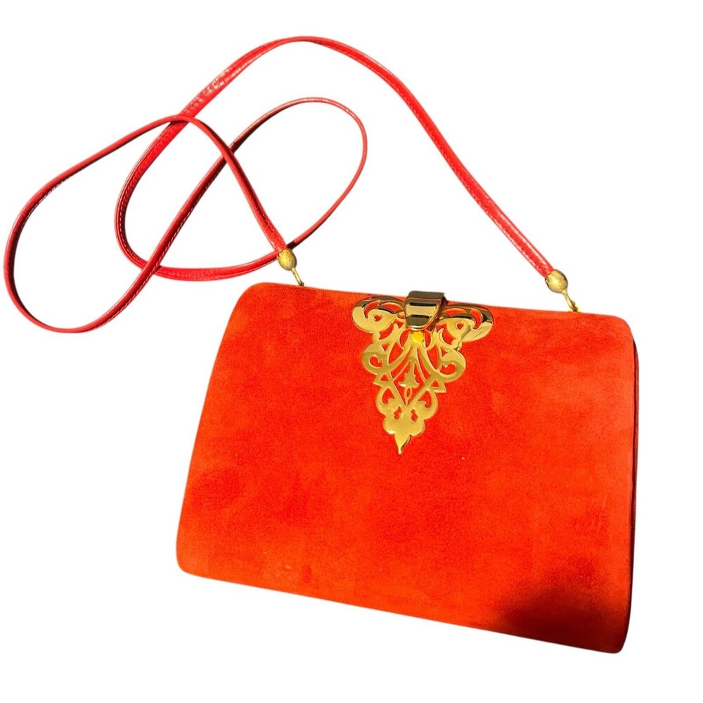 STUNNING Rodo Red Suede Handbag w Gold Embellishment Closure Handmade in Italy